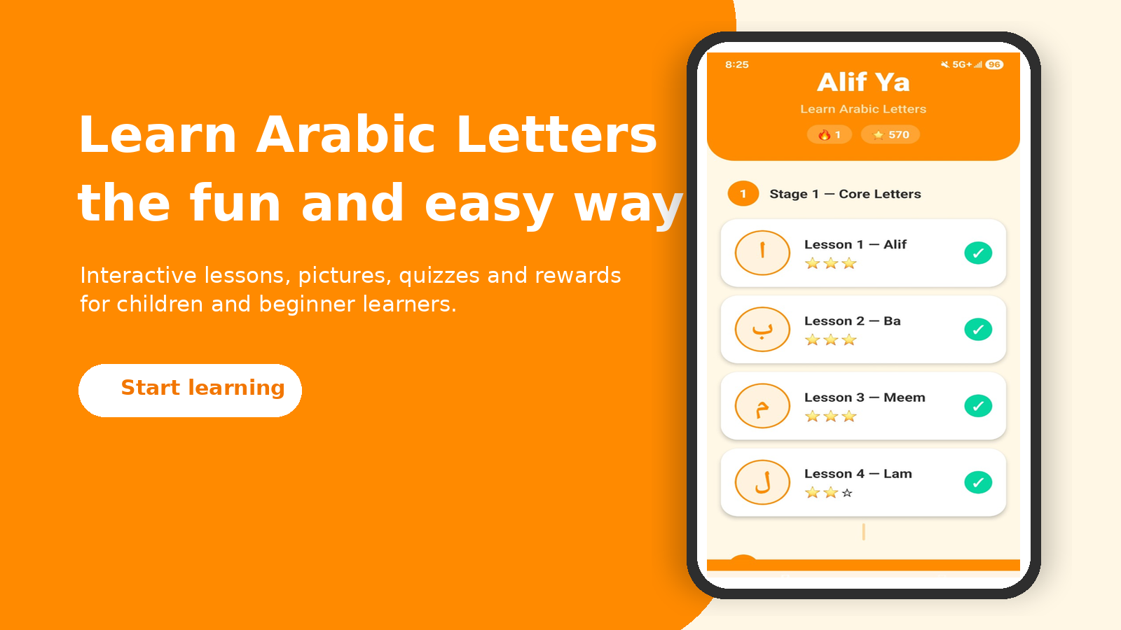 Alif Ya hero banner showing the app and a learning screen