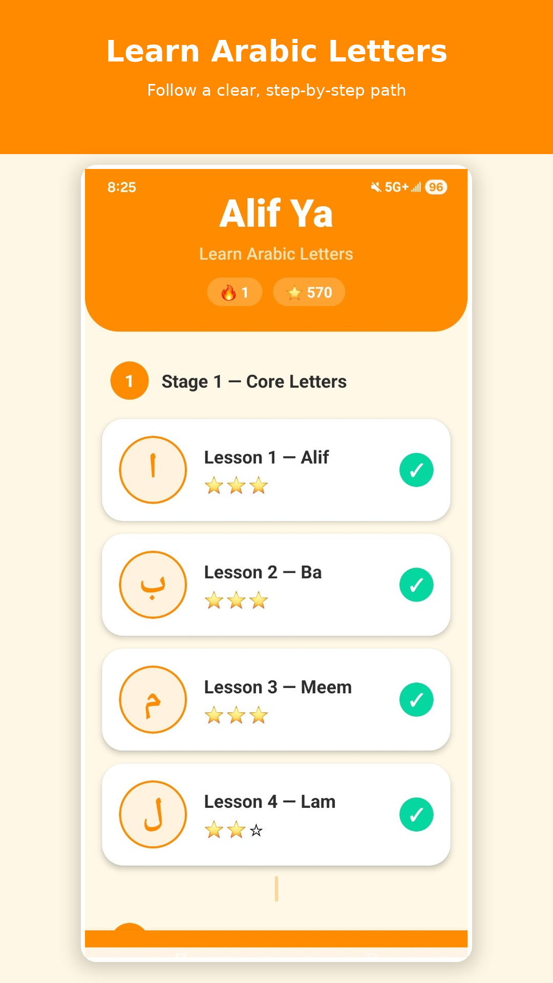 Discover letters screen showing the first lesson flow